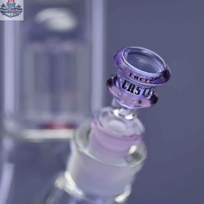 Close-up of purple 8-arm beaker bong by Castle Glassworks, 14-inch water pipe with detailed glass design and bowl attachment.