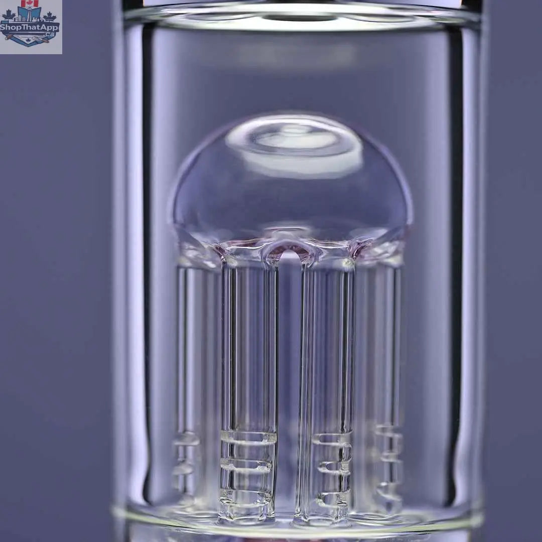 Close-up of Castle Glassworks 14-inch purple beaker bong with 8 arms and percolator, set against a purple background.