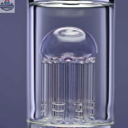 Close-up of Castle Glassworks 14-inch purple beaker bong with 8 arms and percolator, set against a purple background.