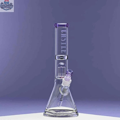 Castle Glassworks 14-inch purple 8-arm beaker bong with a clear water pipe and sturdy base, shown against a purple background.