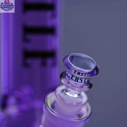 Close-up of a 14-inch Castle Glassworks beaker bong with purple electroplated glass and a matching purple background.