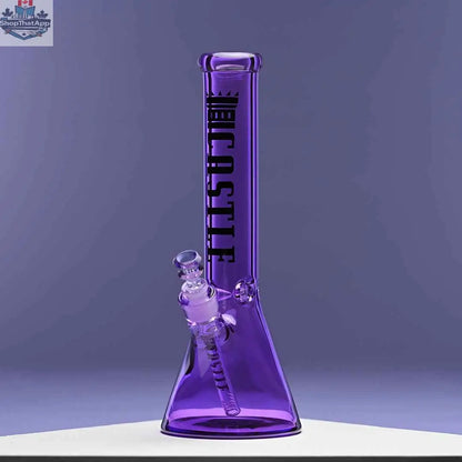 14-inch Castle Glassworks beaker bong with purple electroplated glass and a purple background, showcasing its heavy-duty design.