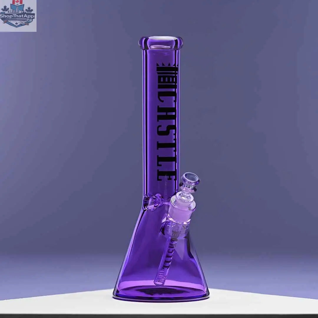 Castle Glassworks 14-inch beaker bong with 7mm heavy-duty electroplated purple glass, shown against a matching purple background.