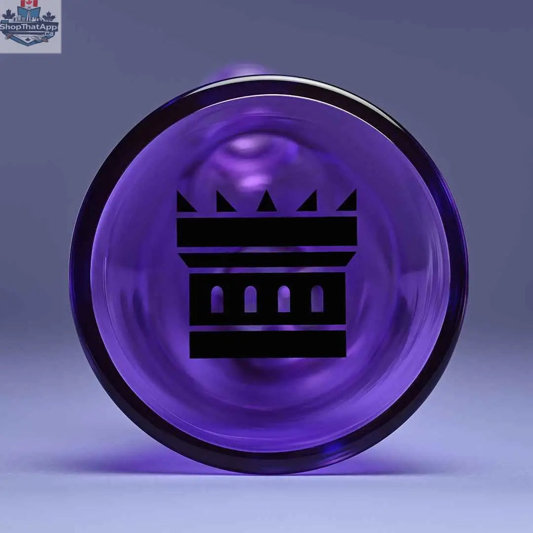 Close-up of Castle Glassworks 14-inch purple beaker bong with heavy-duty electroplated glass and detailed base showing purple background.
