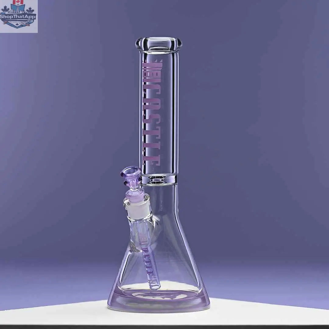 Castle Glassworks 14-inch beaker bong with purple logo and 9-hole downstem, displayed on a purple background.