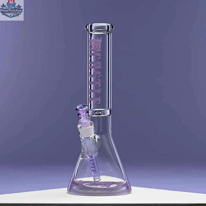 Castle Glassworks 14-inch beaker bong with purple logo and 9-hole downstem, displayed on a purple background.