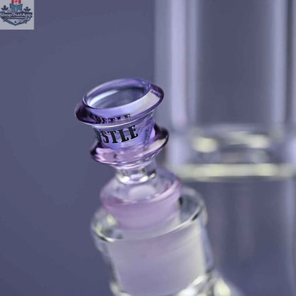 Castle Glassworks 18-inch glass beaker bong with purple logo, 9mm thick glass, shown with purple background and close-up of bowl.