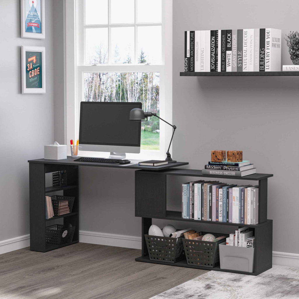 Denver L-Shaped Office Desk with 360° Rotating Corner Extension-Black