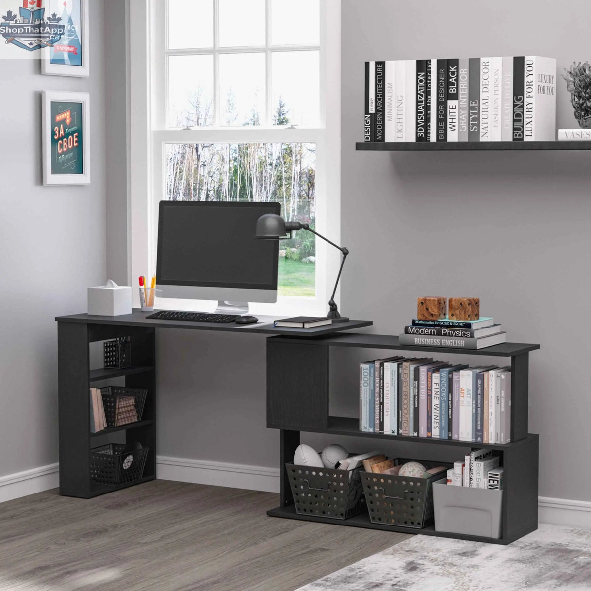 Black Denver L-shaped office desk with a 360° rotating corner extension, made by SLOTH Nation, shown with spacious workspace and modern design.