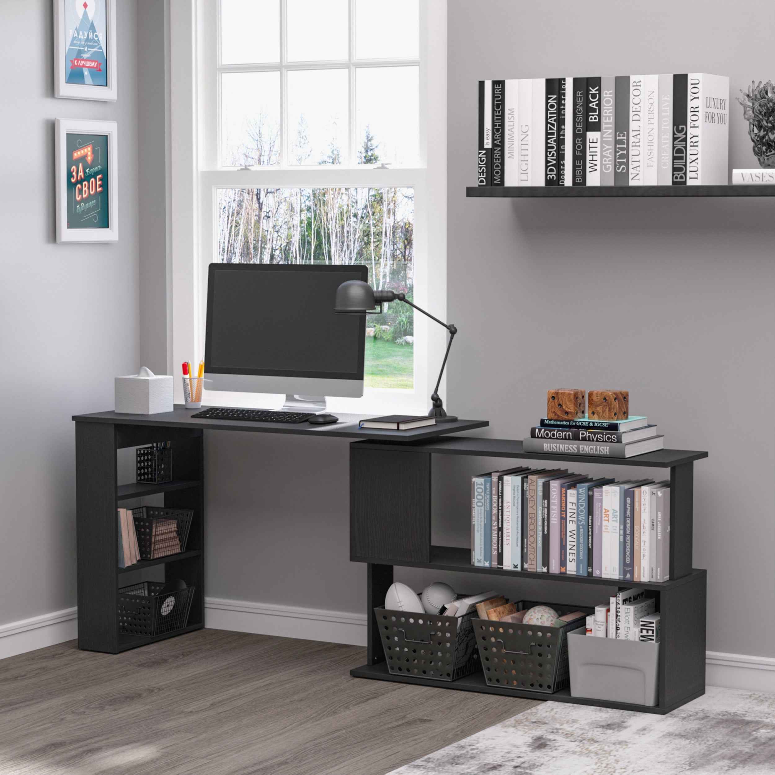 Denver L-Shaped Office Desk with 360° Rotating Corner Extension-Black