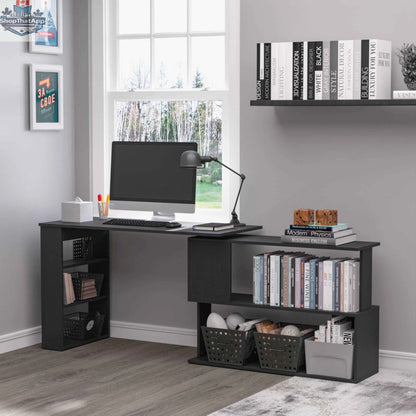 Black Denver L-shaped office desk with a 360° rotating corner extension, made by SLOTH Nation, shown with spacious workspace and modern design.