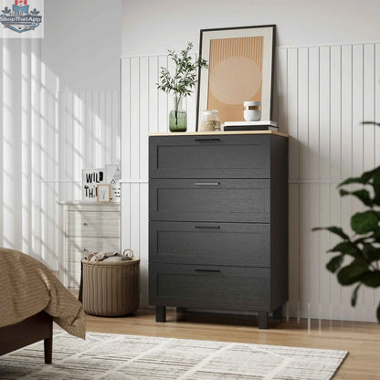 Black Taylor bedroom chest of drawers with solid wood legs, modern bedroom furniture by SLOTH Nation.