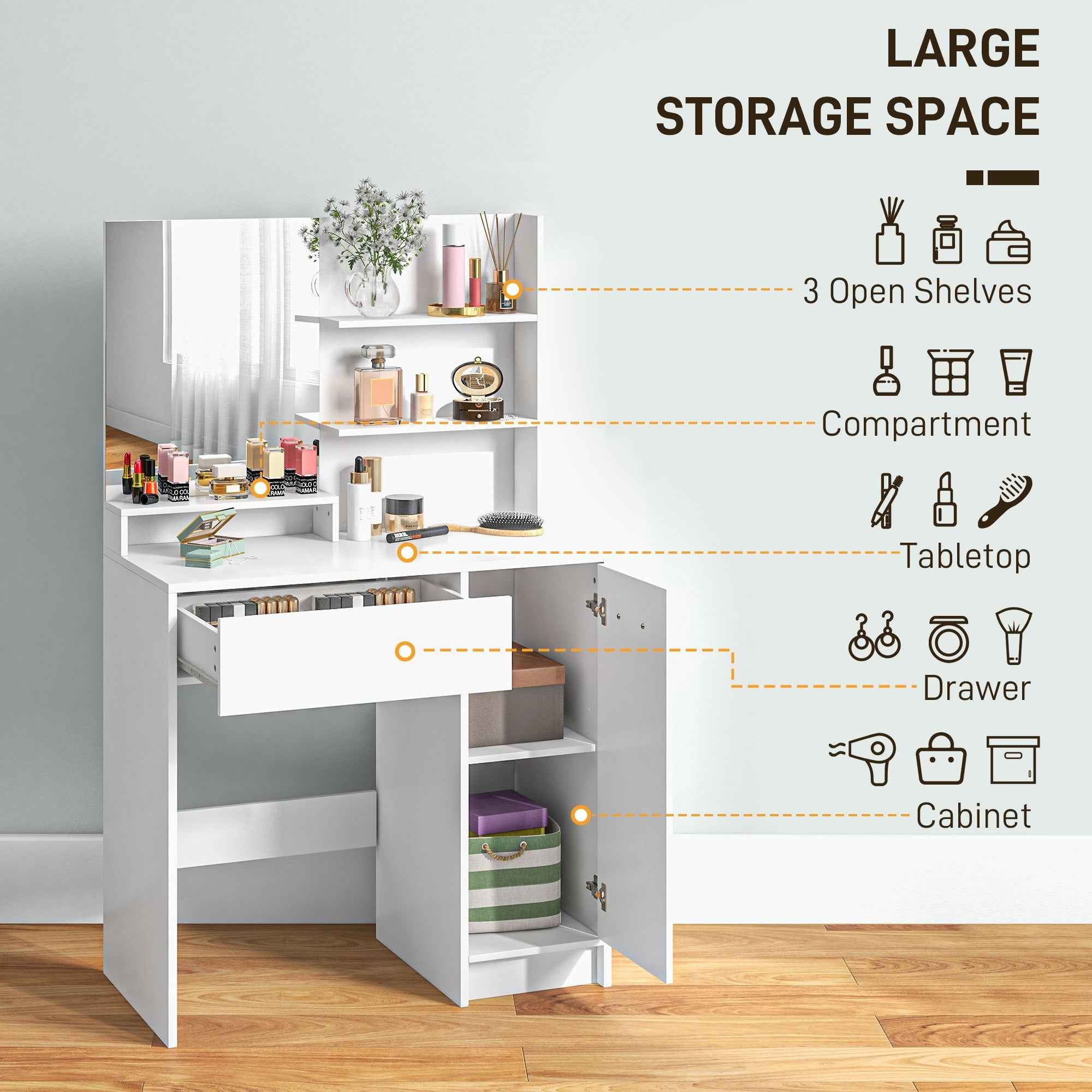 Elise Makeup Vanity Set with Mirror, Stool and Adjustable Shelves-White