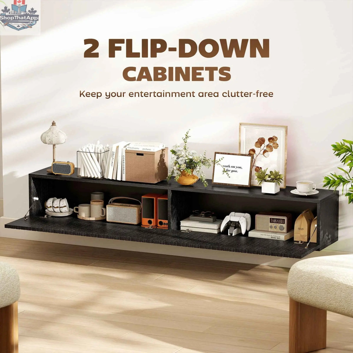 Black Jesse 55-inch floating TV stand with flip-down doors for TVs up to 72 inches, from SLOTH Nation, modern living room furniture.