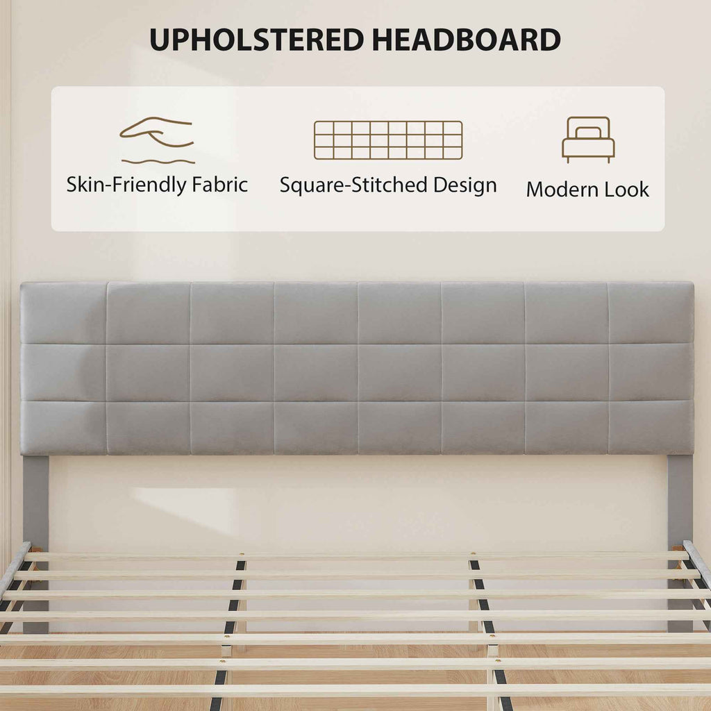 Harper King Size Platform Bed Frame with Upholstered Headboard-Grey