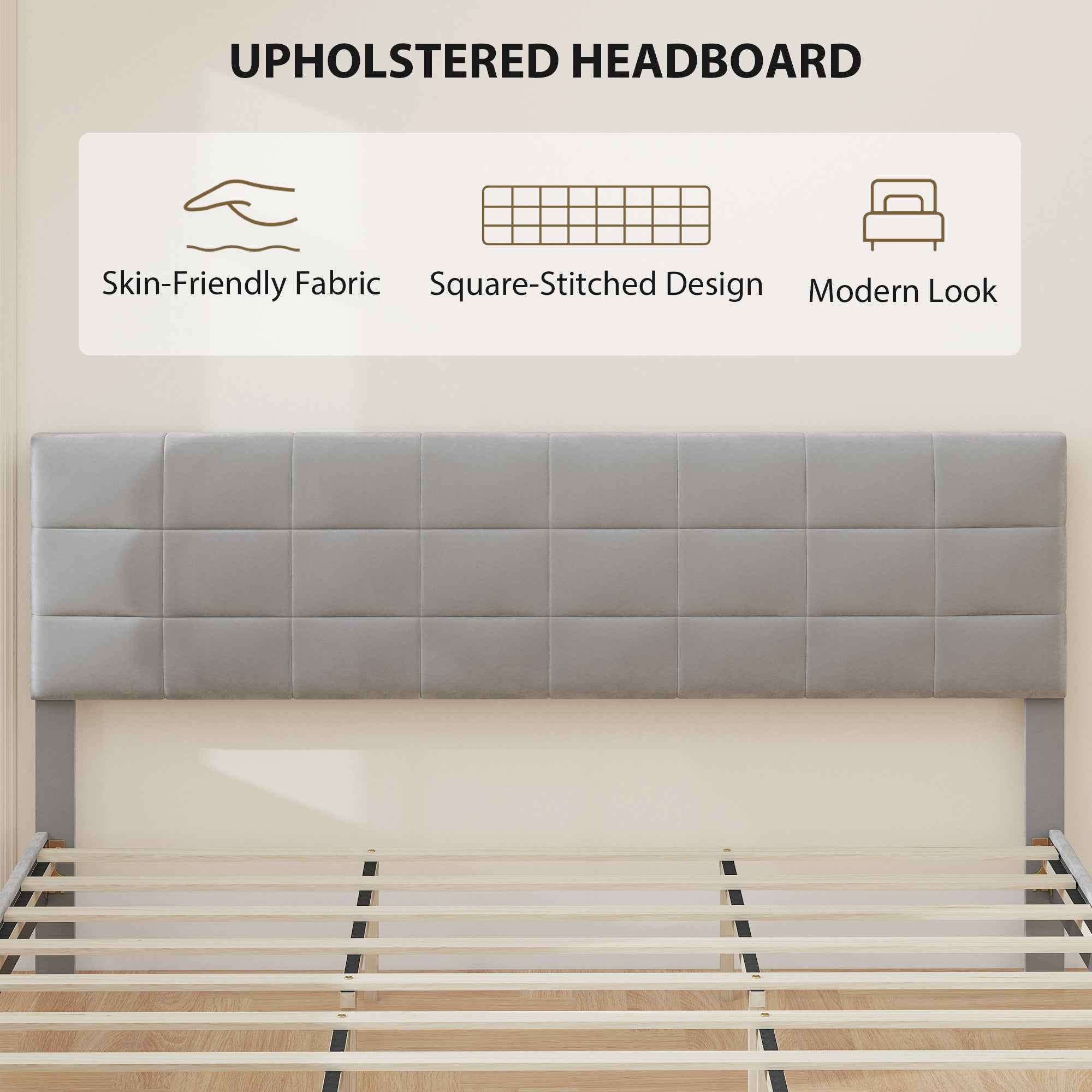 Harper King Size Platform Bed Frame with Upholstered Headboard-Grey