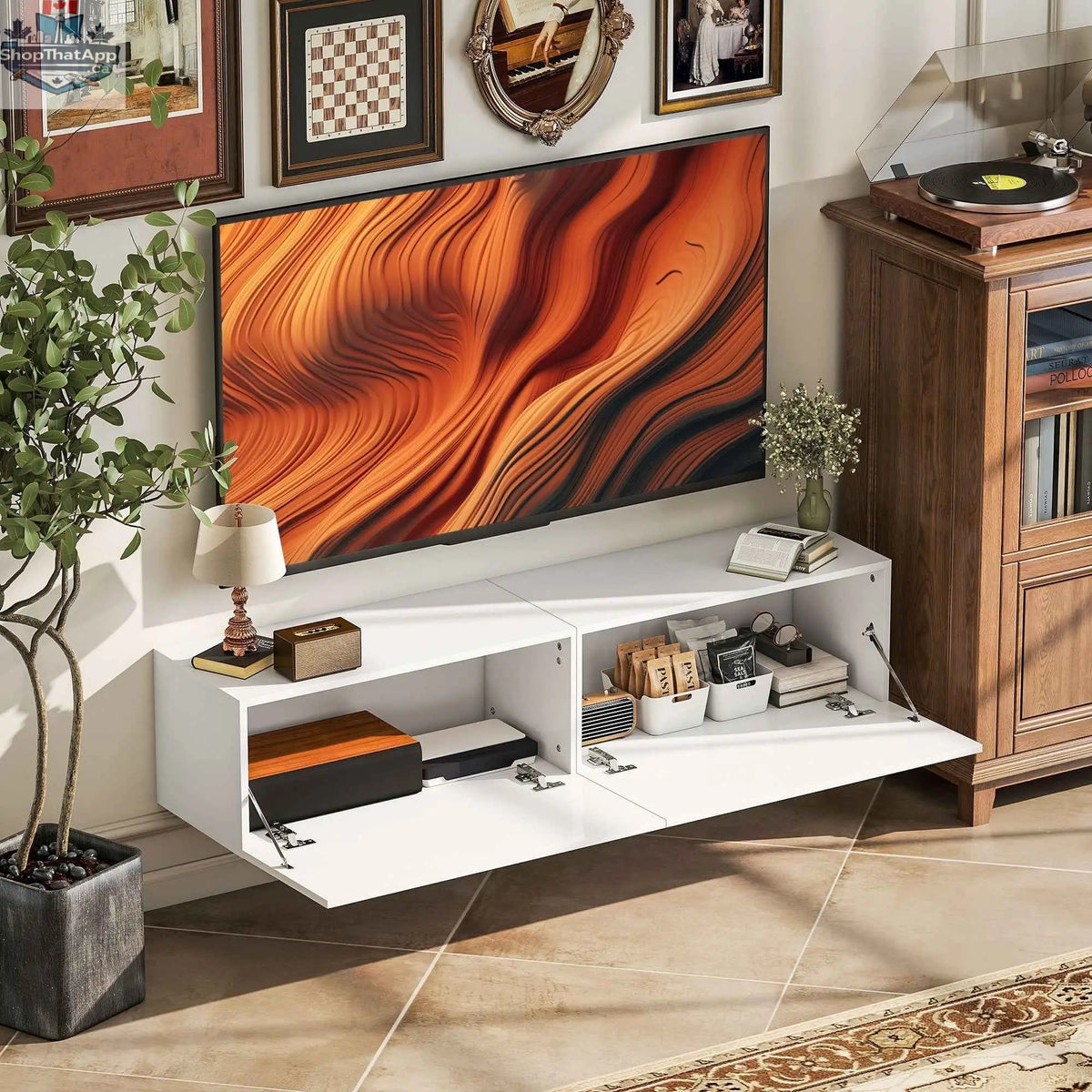 White Hunter floating TV stand by SLOTH Nation with storage cupboards, designed for TVs up to 65 inches, modern living room furniture.