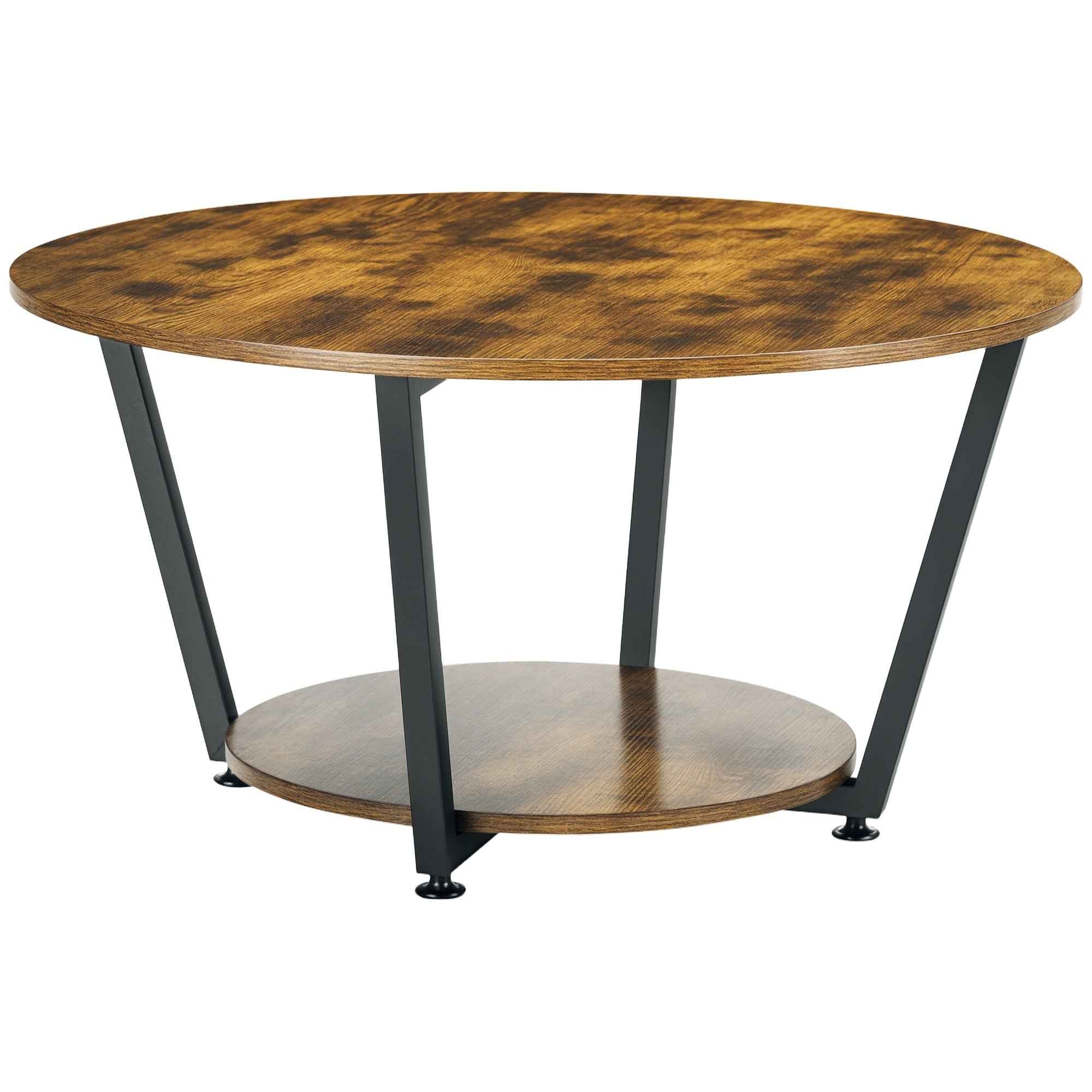 Matt Round Coffee Table with Storage Shelf-Rustic Brown