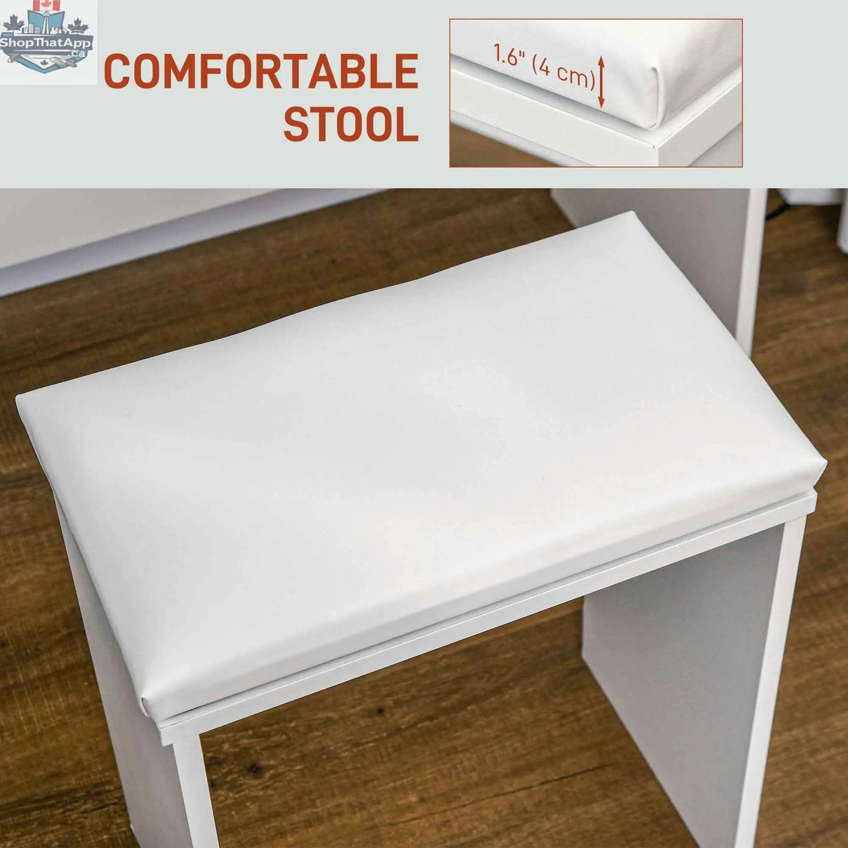 Olivia vanity desk set with white finish, matching stool, and LED lighted mirror, perfect for bedroom furniture by SLOTH Nation.