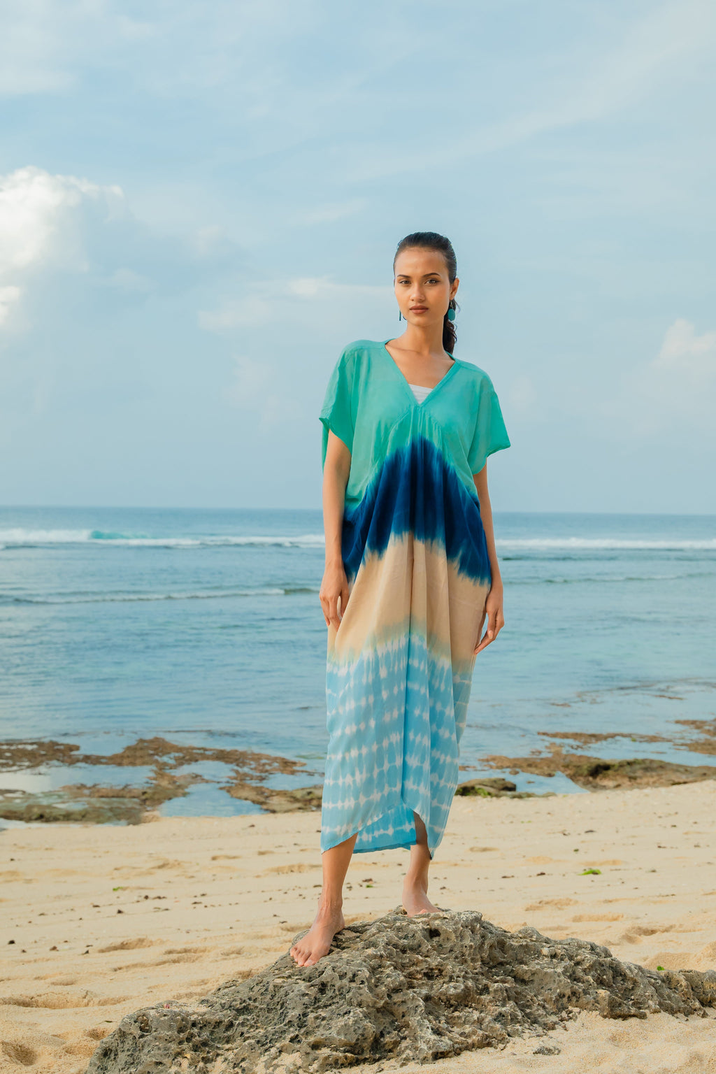 Ombre Striped Kaftan Dress in Blue & Tan for Effortless Style - Shopthatapp.ca