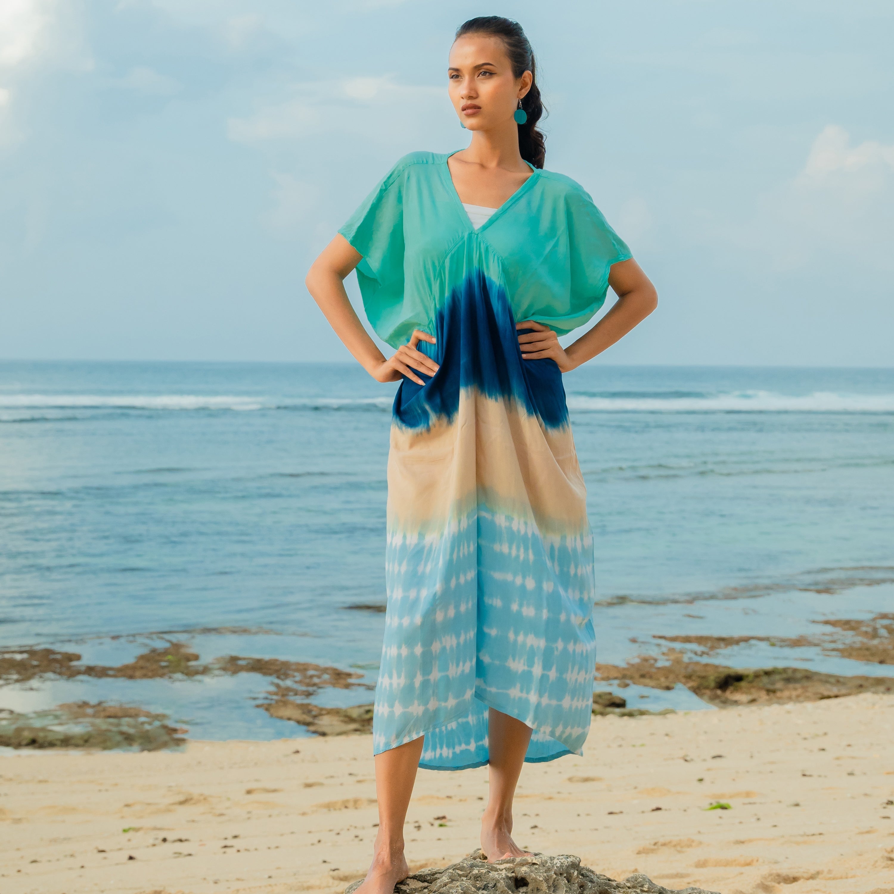 Ombre Striped Kaftan Dress in Blue & Tan for Effortless Style - Shopthatapp.ca