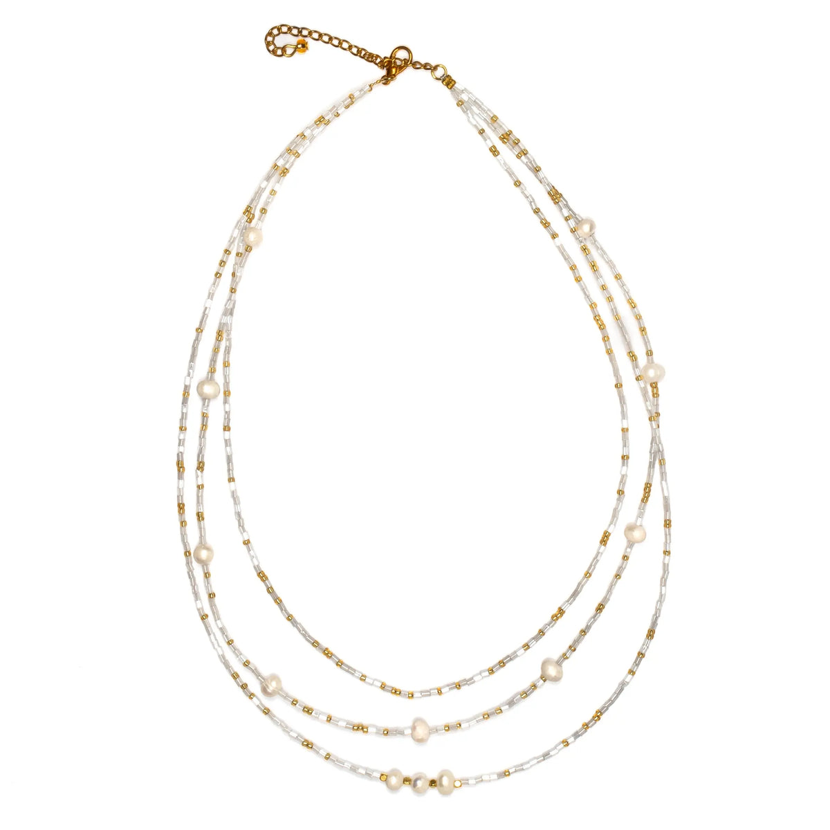 Triple strand pearl necklace by Suzie Blue Canada featuring elegant design and lustrous white pearls.