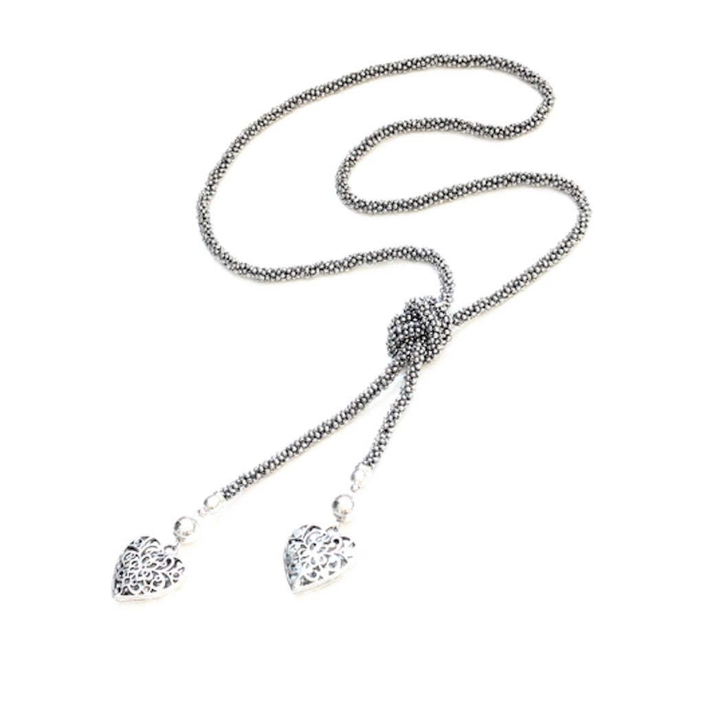 Long Beaded Necklace With Hearts - Grey - Shopthatapp.ca