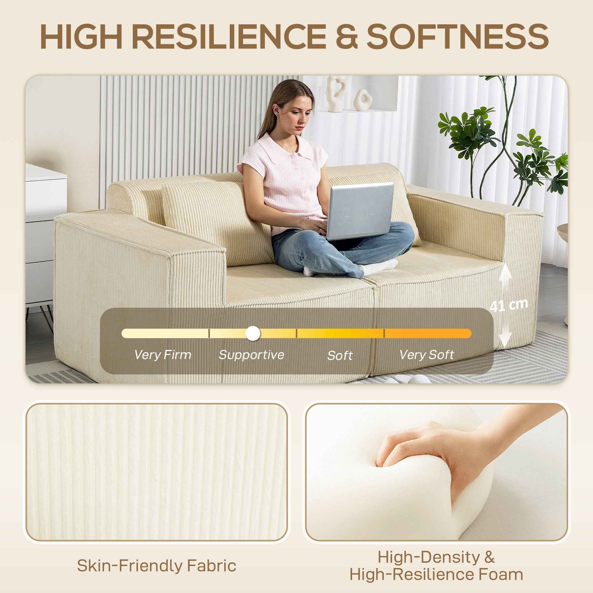 IVAN Boneless Corduroy 3 Seater Sofa with Deep Seats-Beige