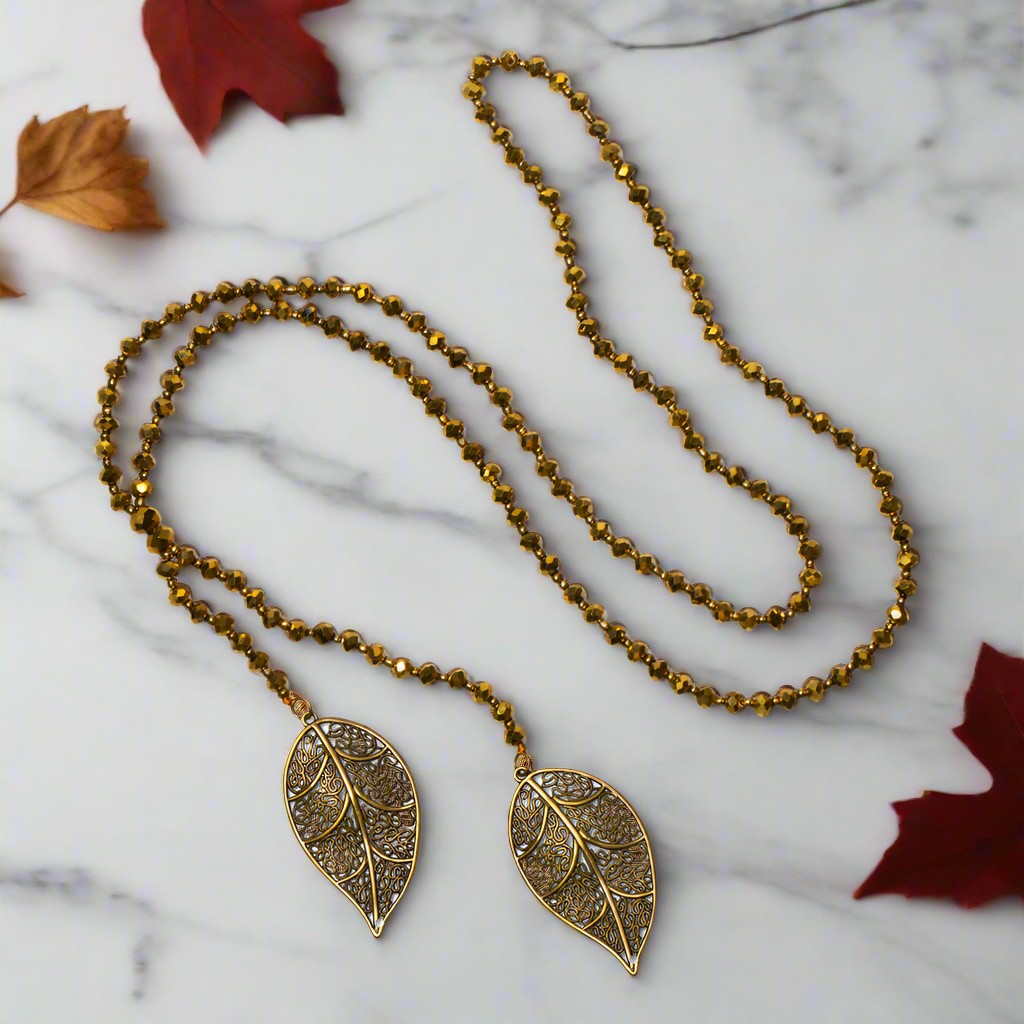Long Double Leaf Crystal Necklace - Shopthatapp.ca