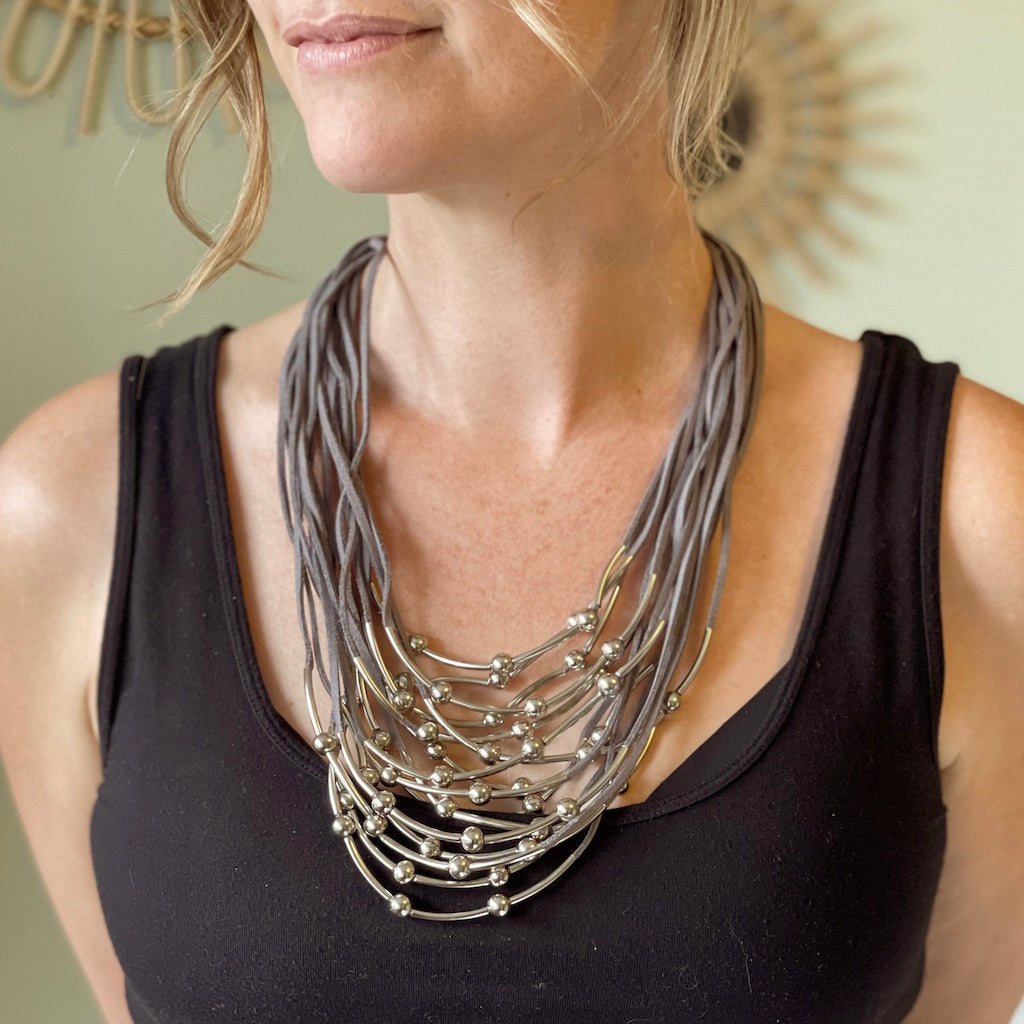 Silver Tube Ball Necklace on Suede Cord - Shopthatapp.ca