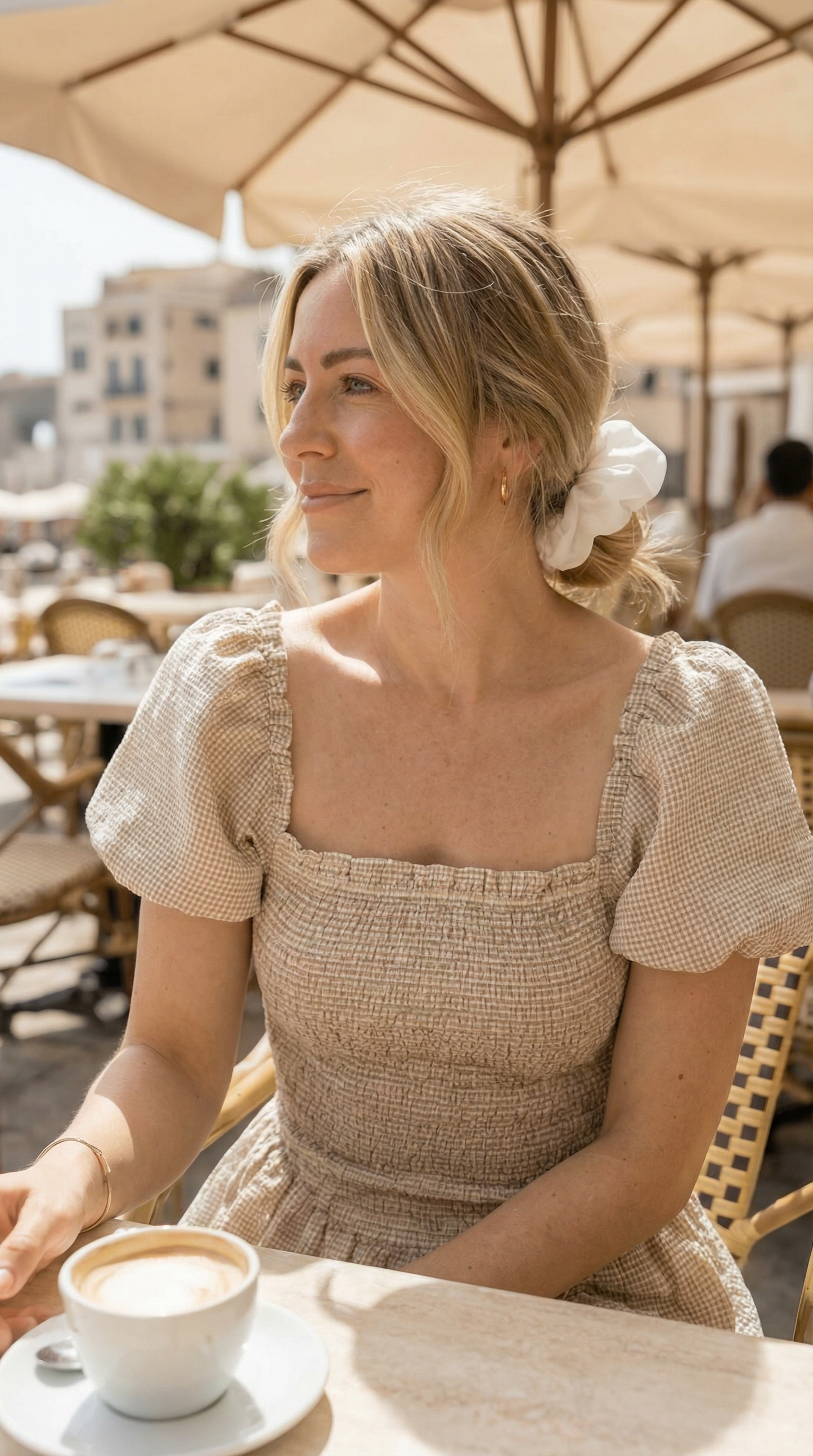 Ramona Smocked Puff Sleeve Dress in Tan Gingham - Shopthatapp.ca