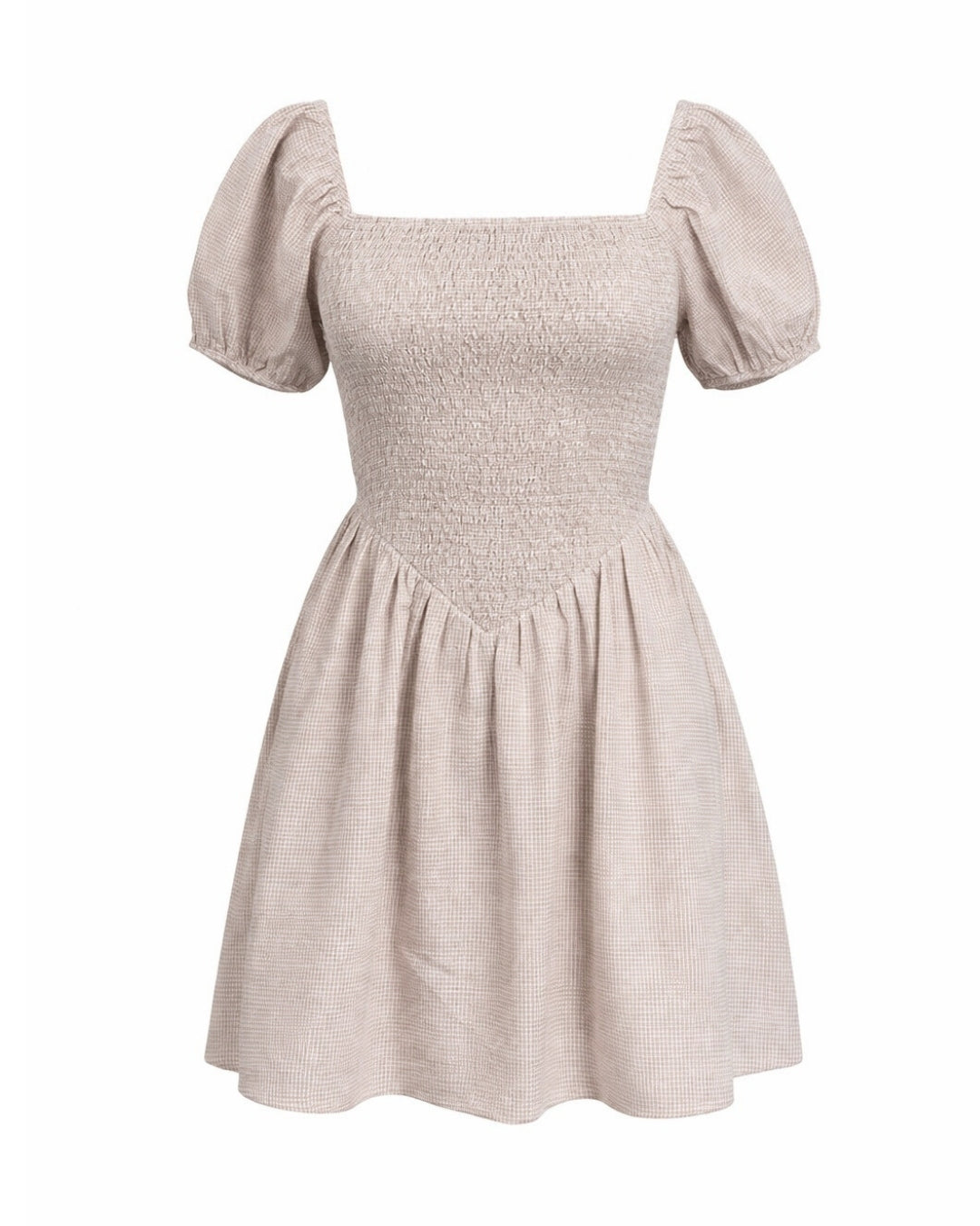 Ramona Smocked Puff Sleeve Dress in Tan Gingham - Shopthatapp.ca