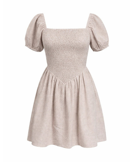 Ramona Smocked Puff Sleeve Dress in Tan Gingham - Shopthatapp.ca