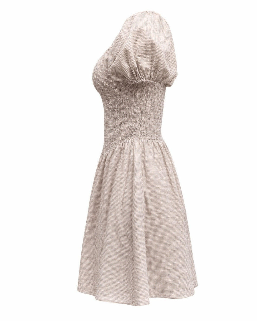 Ramona Smocked Puff Sleeve Dress in Tan Gingham - Shopthatapp.ca