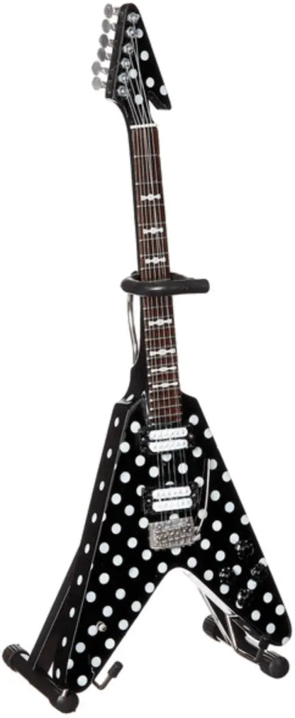 Little Guitars Randy Rhoads miniature guitar replica featuring the "Harpoon" polka dot V design, small collectible guitar model.