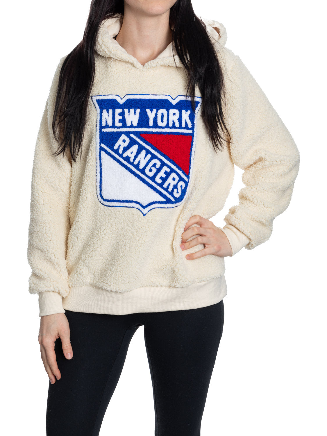New York Rangers Ladies Sherpa Hoodie with Premium Chenille Logo - Shopthatapp.ca