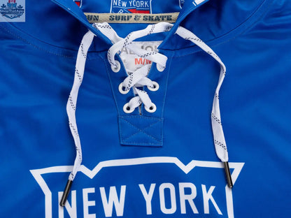 New York Rangers hoodie by Calhoun Surf N' Skate featuring a lace-up style and detailed sublimation design for fans.