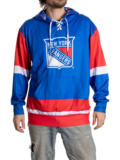 New York Rangers hoodie with lace-up front by Calhoun Surf N' Skate, featuring team logo and comfortable casual design.