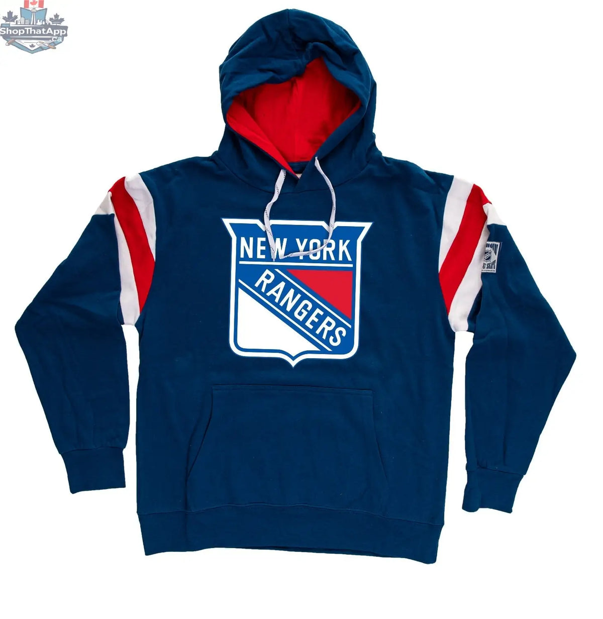 New York Rangers varsity style hoodie by Calhoun Surf N' Skate featuring team logo and retro design, made of comfortable fabric.