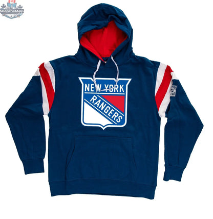New York Rangers varsity style hoodie by Calhoun Surf N' Skate featuring team logo and retro design, made of comfortable fabric.
