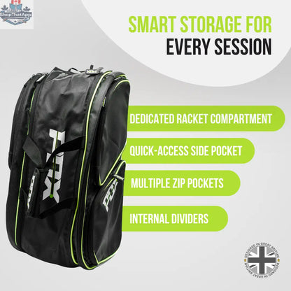 Black and lime green fabric PDX padel racket bag with multiple zip pockets and white PDX logo.