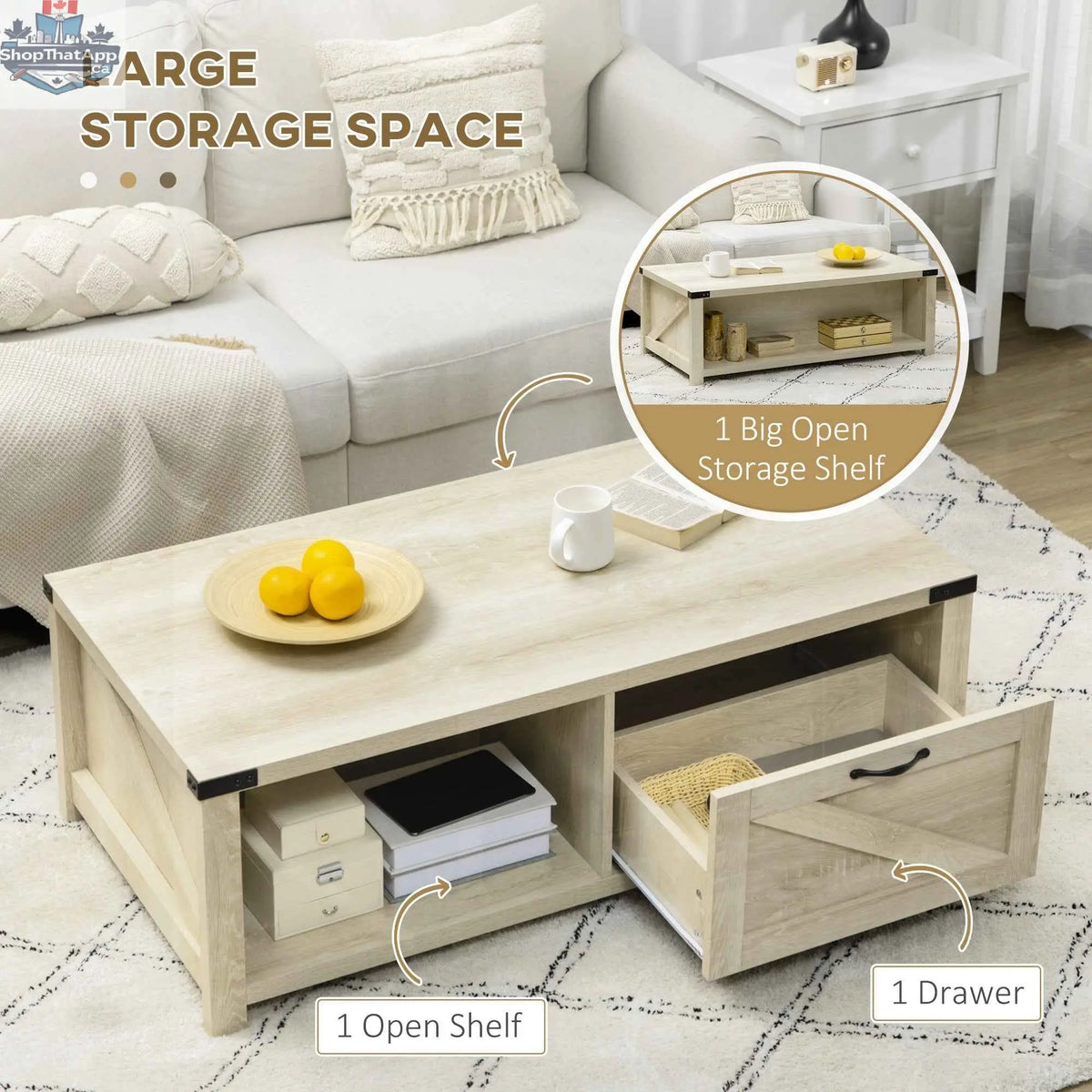 Lowen farmhouse coffee table by SLOTH Nation with a white oak finish, featuring a drawer and open storage shelf.