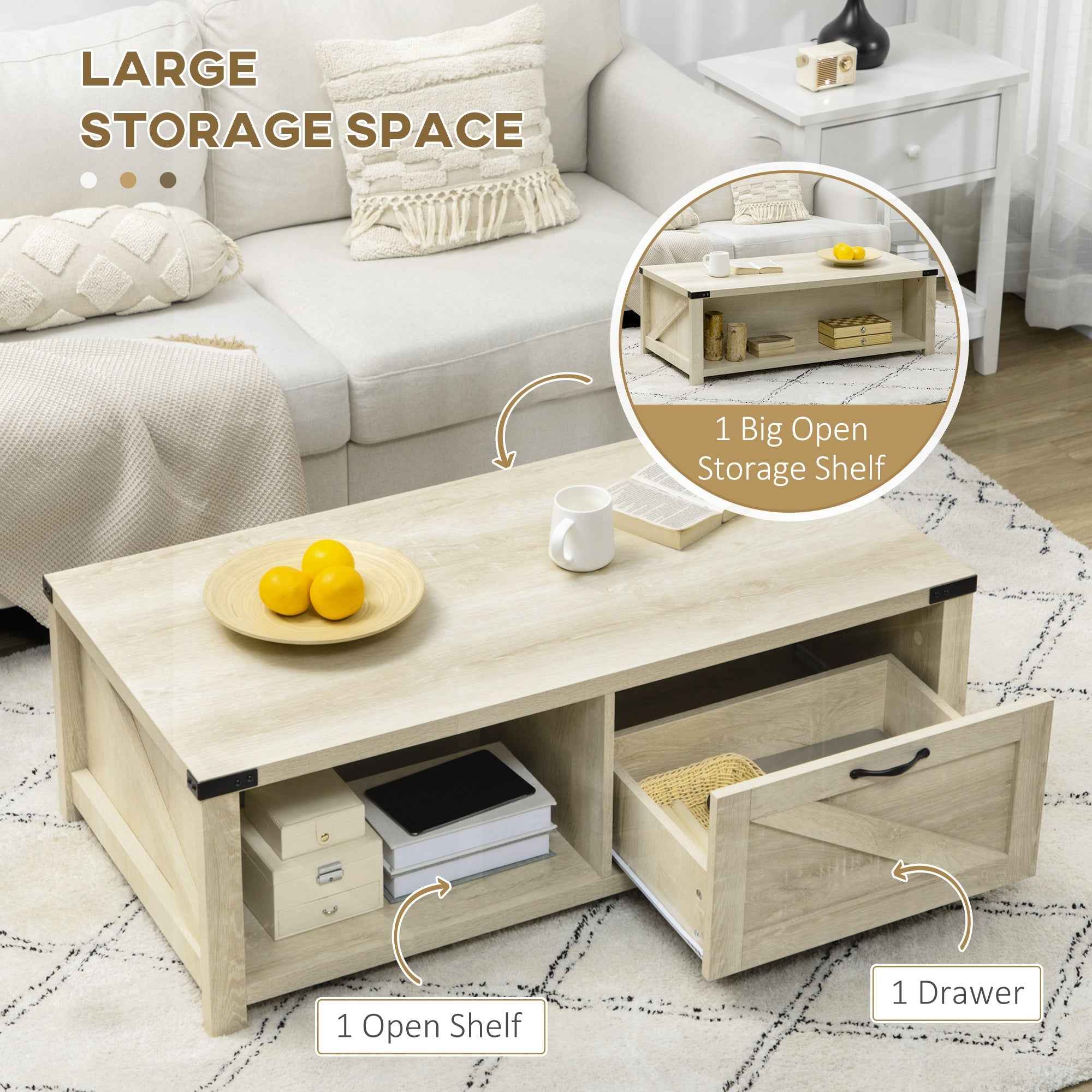 Lowen Farmhouse Coffee Table with Drawer and Open Storage Shelf-White Oak
