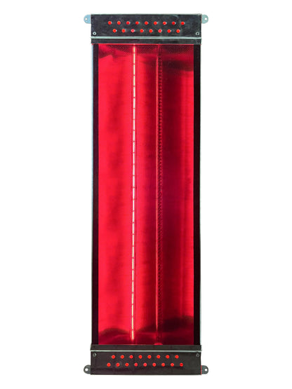 Red glass infrared heater inside the Blisspod Milano two-person sauna with chromotherapy lighting and full spectrum Canadian Hemlock wood.