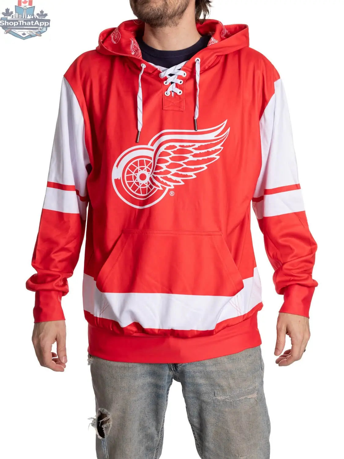Red Detroit Red Wings hoodie with lace design, featuring sublimation print, from Calhoun Surf N' Skate.