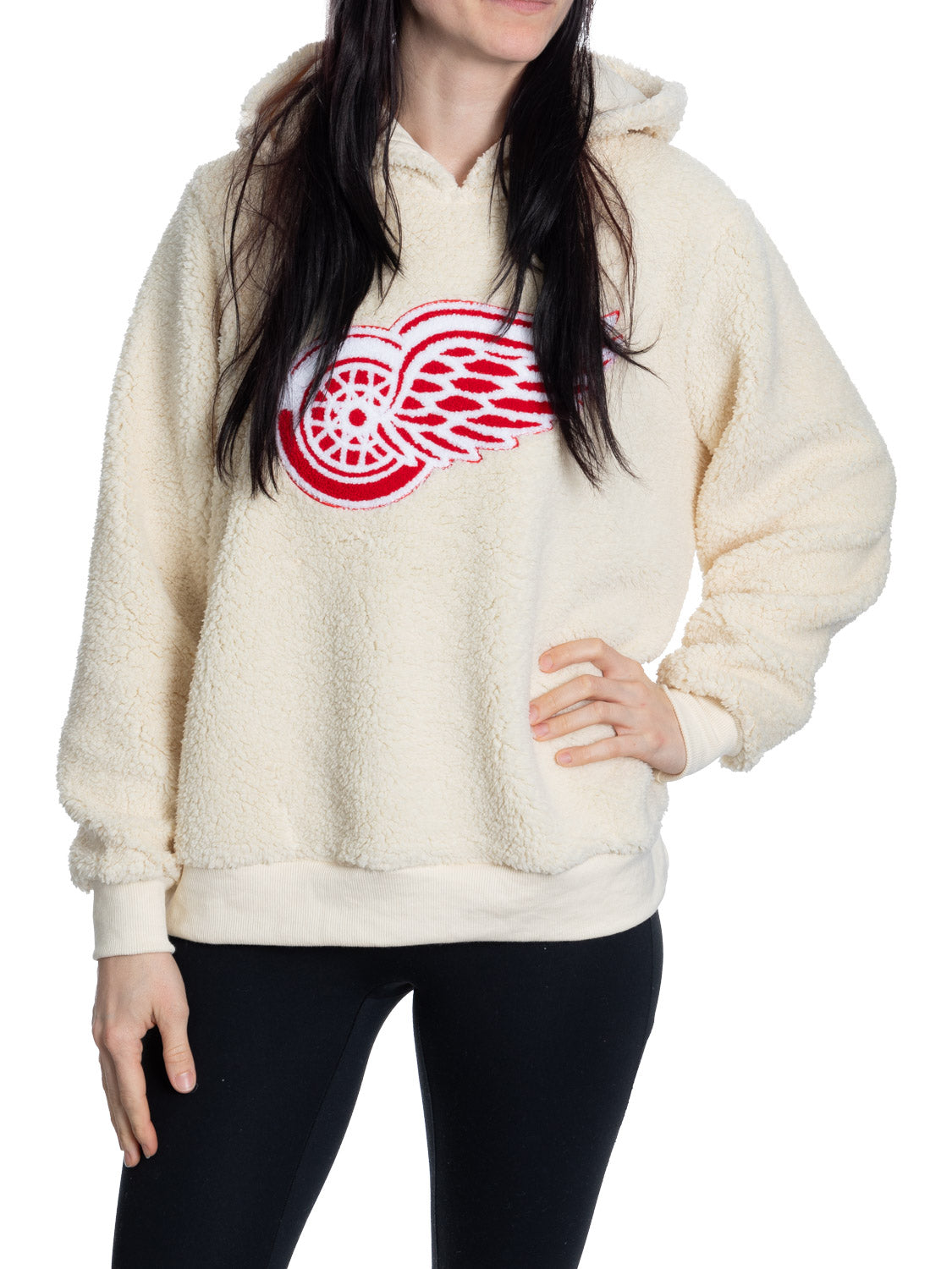 Detroit Red Wings Ladies Sherpa Hoodie with Premium Chenille Logo - Shopthatapp.ca