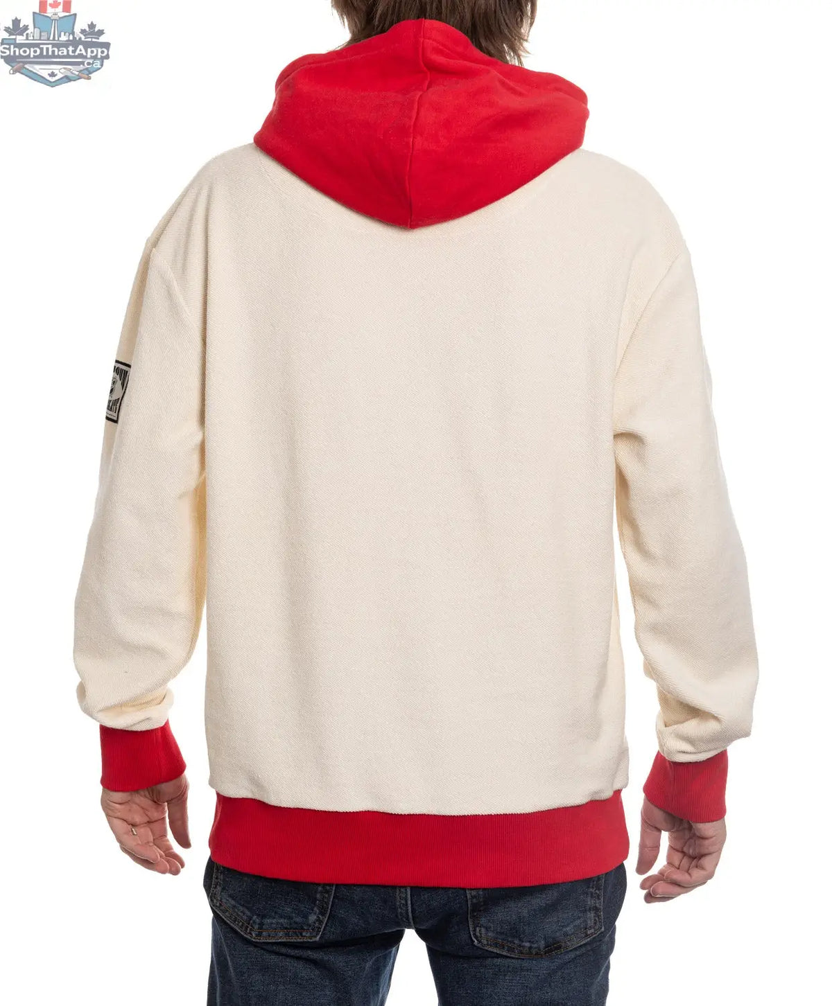 Red Detroit Red Wings hoodie by Calhoun Surf N' Skate, featuring a reverse terry design and retro style on the back.