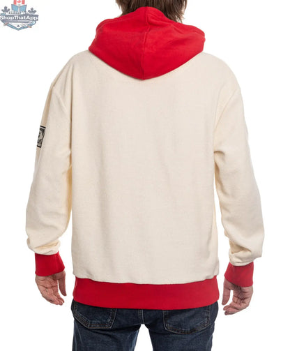 Red Detroit Red Wings hoodie by Calhoun Surf N' Skate, featuring a reverse terry design and retro style on the back.