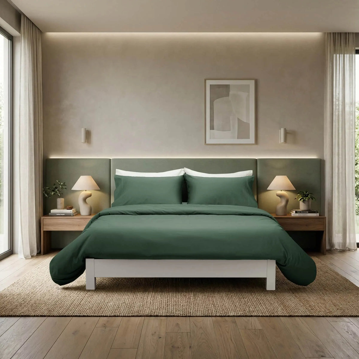 Luxurious forest green refined sateen sheet set by Skylark+Owl Canada, featuring smooth, soft fabric for comfortable bedroom bedding.
