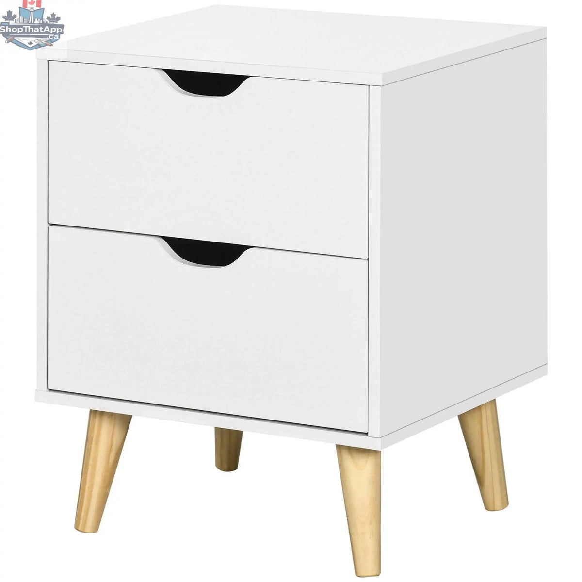 White Jesse nightstand with two drawers and pine wood legs, bedroom furniture by SLOTH Nation, shown in a modern bedroom setting.